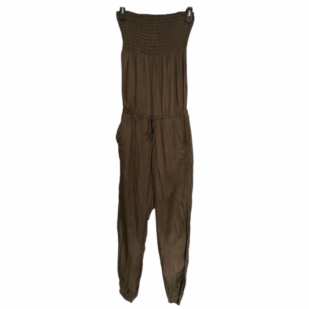 Etam Women’s Strapless Olive Crinkle  Jumpsuit - No Size PTP 12” - Great Cond.